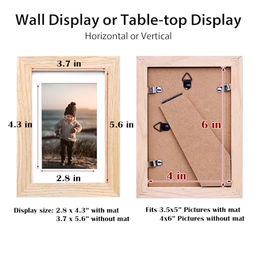 KINLINK 4x6 Frame Natural, Solid Wood 4 x 6 Picture Frame with Acrylic Plexiglass for 3.5x5 with Mat, Tabletop and Wall Display Photo Frames 4x6 Natural, 1 Pack - color: Natural, size: 4x6