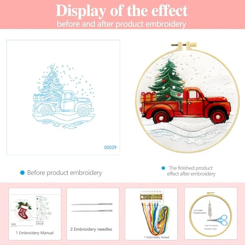 Zhenqing Christmas Red Truck Embroidery Kit for Beginners, Tree and Gifts Needlework Kit with Pre-Printed Fabric, Hoop, Threads & Tools (C0029) - style: Vintage Red Truck