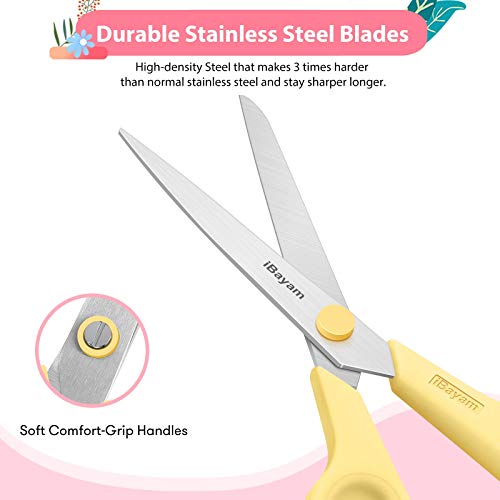iBayam 8.5" All Purpose Yellow Pink Teal Scissors for School Office Teacher - color: Yellow, Pink, Green, size: 3-Pack