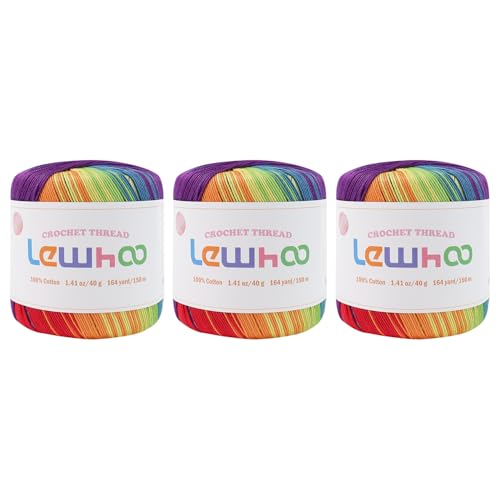 Crochet Thread Size 3, 3 Pack 100% Cotton Lace Yarn Set Rainbow - color: Rainbow