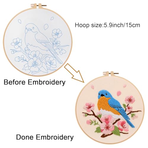 Louise Maelys Blue Bird Embroidery Kit for Beginners, DIY Floral Kit - color: Blue Bird