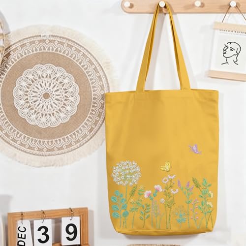 CREAWONDER Canvas Tote Bag Embroidery Kit with Pattern for Beginners, Arts and DIY Embroidery Crafts Kits for Adults, Include Instructions, Embroidery Hoops, Color Threads and Tool - color: CR002 banmeng yellow