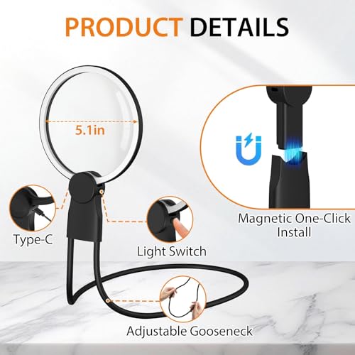 Hands-Free Magnifying Glass with Light, 5X Neck Magnifier for Close Work, Reading Small Print, Cross Stitch, Sewing & Crafts, Rechargeable Lighted Magnifier, Vision Aid for Seniors & Low Vision - size: 1000mAh Magnetic