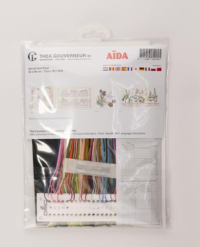Thea Gouverneur - Counted Cross Stitch Kit - Herb Panel - Aida Black - 18 Count - Embroidery Kit for Adults - DMC Embroidery Threads and Other Cross Stitch Supplies Included - 424.05 - color: 424.05 Aida Black