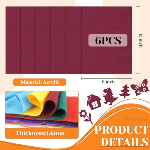 IONTACH 9" X 12" Soft Felt Sheets 1.6mm Thick (6 Packs, Burgundy) - color: Burgundy