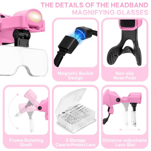 Magnifying Glass with Light 1X-4X, Rechargeable Magnetic Magnifier - color: Pink