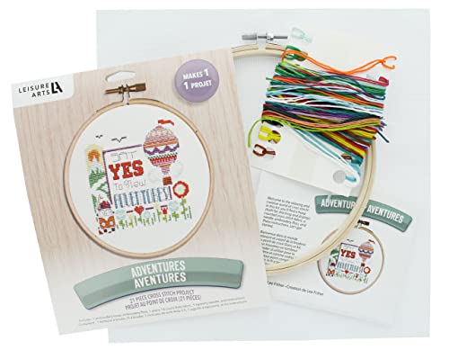 LEISURE ARTS Cross Stitch Kit 7in Adventure - Counted Cross Stitch Kit with Hoop, Floss, Aida Fabric and Needle - Travel Design, Embroidery for Beginners