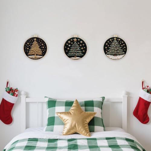 EOBTAIN 3 Pcs Merry Christmas Embroidery Kit for Beginners,Green Gold Christmas Tree Embroidery Starter Kit Xmas Winter Snow Stamped Patterns with Hoop,Thread,Needles,Hand DIY Craft Kits for Adults - color: Green Gold