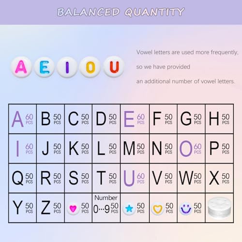 Looconi 1600pcs Colorful Letter, Star, Heart, Number, Smiley Face Beads and Elastic String 7x4mm Alphabet Beads 31 Styles for Jewelry Making - color: Colorful&LHeartStar, size: 7x4mm