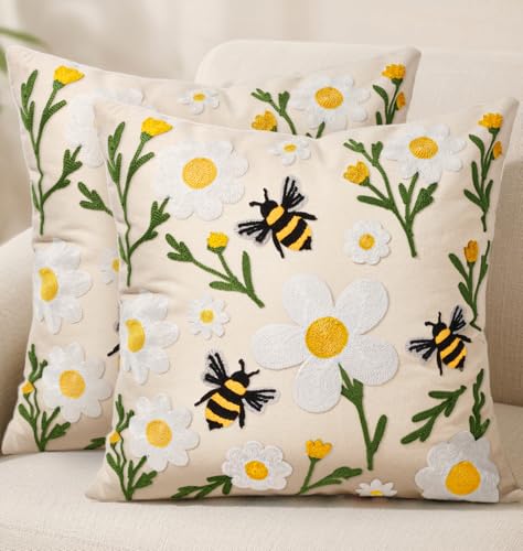 Embroidered Throw Pillow Covers 18x18 Inch, 2Pack, Flower Bee - color: Flower Bee, size: 18" x 18" (Pack of 2)