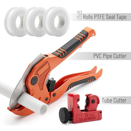 Bates- PVC Pipe Cutter, Cuts up to 1-1/4" Inch, Mini Tube Cutter 1/8" to 7/8", Ratchet Pipe Cutter, PEX Cutting Tool for Cutting PEX, PVC, PPR Plastic Hoses and Plumbing Pipes - color: Orange + Tube Cutter +Ptfe Seal Tapes