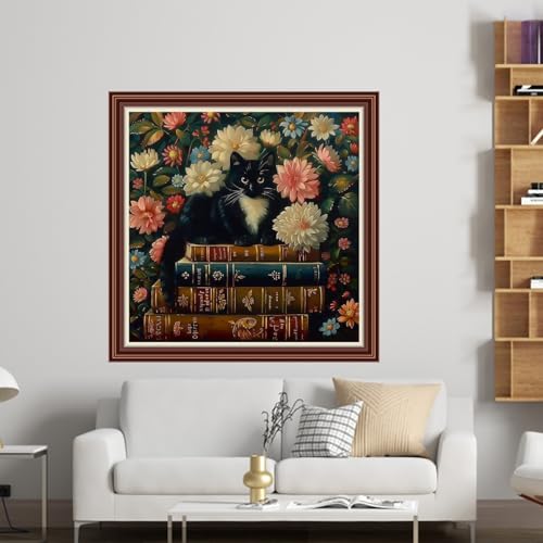 Dimensean Counted Cross Stitch Kit for Beginners, 11CT Unprinted Cross-Stitch Kit Easy Patterns Needlepoint Kit Cross Stitching Embroidery Kit Supplies-Cat Books Flowers 18x18 inch - color: DIYColor20