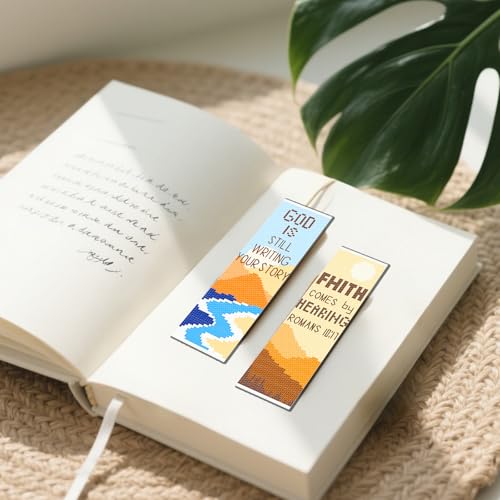 FREEBLOSS 11CT 6 Set Cross Stitch Bookmark Kit Landscape Stamped Embroidery Bookmark Kit with Instructions 6 Back Felt Bookmarks Making Set for Adults Book Lovers, 8"x2.4" - style: Minimalist Landscape
