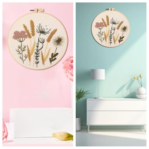 IUHUI Embroidery Kit for Beginners Adults - Thriving Flowers and Plants Easy Patterns, DIY Hand Stitching Embroidery Set with Hoop (White Rice Flower) - color: White Rice Flower