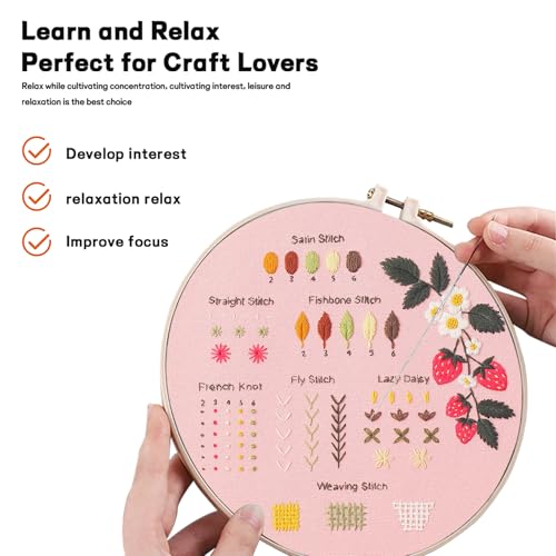 JOINRUN Beginner Embroidery Kit for Adults, 4 Pack with Video Tutorial - color: Strawberry