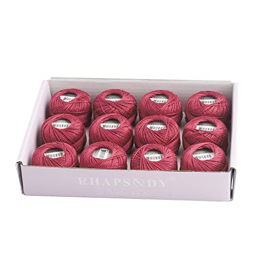 Rhapsody Pearl Cotton Thread Size 8 Crochet Thread Perle 12 Balls Set Hand Knitting, Embroidery, Sashiko, Cross-Stitch, Sewing, Needlepoint, DIY, Quilting (Garnet, Col. 120) - color: Garnet, Col. 120
