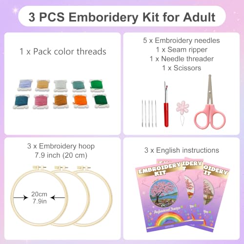 Huacan Embroidery Kit for Adults Beginners with 3 Hoops & Gift Box - color: Cherry Blossoms