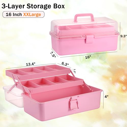 Tackle Box, 16-Inch Extra Large Art Storage Box with 3-Layer Folding Trays - color: Pink