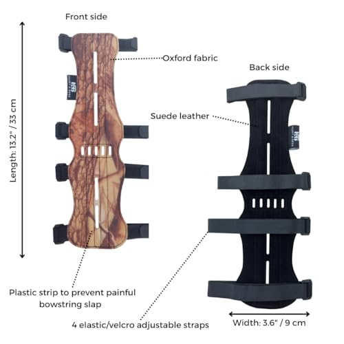 Hunt & Seek Fabric Archery Arm Guard 4 Hook-and-Loop Adjustable Straps Hunting Arm Guard Forearm Wrist Protector Archery Bracer Adult Unisex - color: Camo
