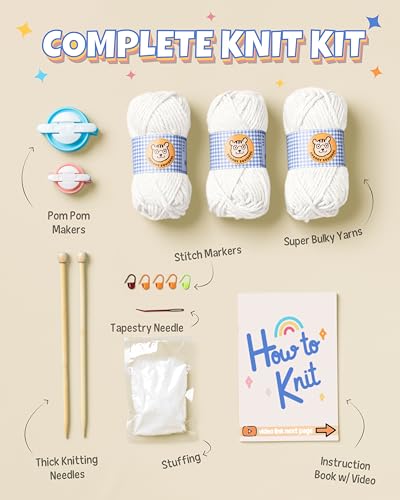 Complete Knitting Kit for Beginners - Learn to Knit Kit with Knitting Accessories Like Thick Beginner Ivory Yarn, Bamboo Needles for Beginners & More - Includes Video Tutorials & Written Guide - color: Ivory