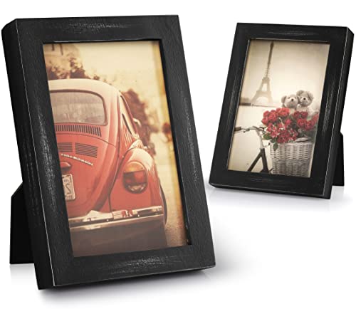 Emfogo 4x6 Picture Frame, Pack of 2 Photo Frame with Real Glass, Solid Wood Rustic Picture Frames 4x6 Display for Wall Decor (Vintage Black) - color: Vintage Black, size: 4x6 inch