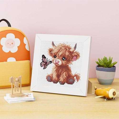 Cattle Stamped Cross Stitch Kits for Adult Beginner with Wooden Frame - color: Highland Cattle