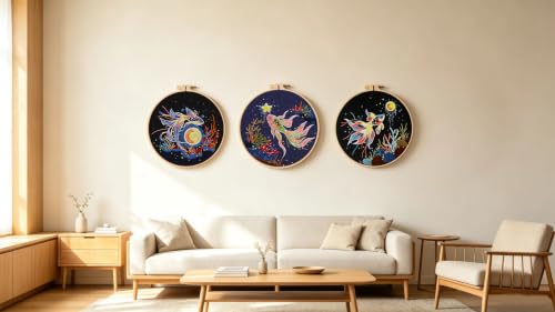 Konrisa Stamped Embroidery Kit for Adults, 3 Set Elegant Goldfish DIY Sewing Needlepoint Cross Stitch Kit with Embroidery Floss,Hoops,Color Thread,Needle,1 pc Hoop - color: fish