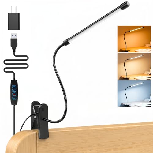 Clip on Reading Light for Books in Bed: Adjustable Dimmable Gooseneck Eye Caring LED Small Desk Table Lamps with Clamp: 3 Modes Lighting Night Lamp for Bed Headboard - Bedside（with Power Adapter）