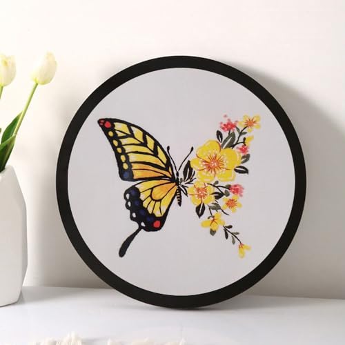 Esffaci Embroidery Starter Kit for Adult Beginner with Butterfly Flower Pattern Hand Embroidery Set with Cloth Hoop Needle Threader Floss and Instruction - color: Yellow