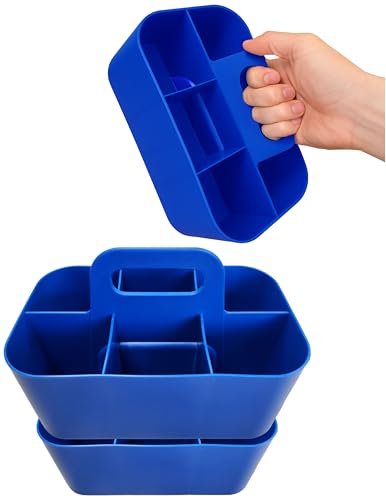 3 Pack Small 6 Compartment Multiuse Caddy Organizer with Handle Art Craft Supplies, Office, Desk, Stationery Pen Holder Stackable- Made In USA (Blue) - color: Blue