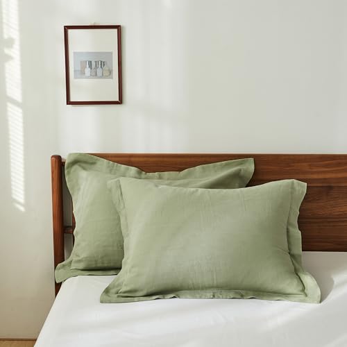100% French Linen Pillow Shams Basic Style - Pack of 2 - Washed Solid Color Natural Flax Soft Breathable - Sage Green, 20'' x 26'' - color: Sage Green, size: 20''x26'' - Basic