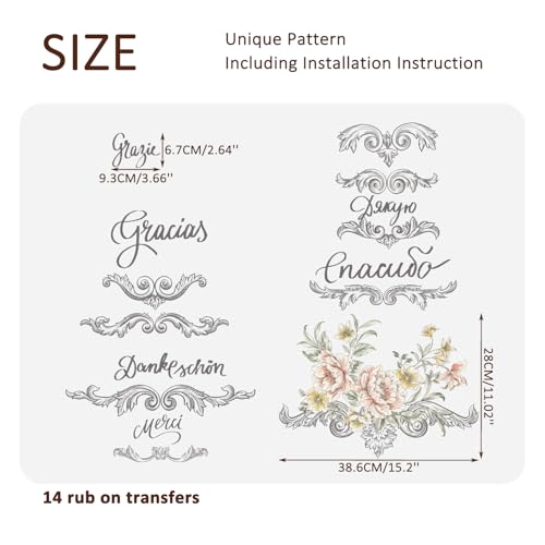 Floral Rub on Transfer for Furniture Wood Glass DIY - color: Peony and Quote