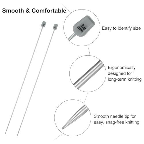 uxcell 2Pcs 2mm(B) Single Pointed Knitting Needles Stainless Steel 13.8 Inches Length Metal Weaving Tool for Handmade Projects DIY Knitting - size: 2mm, 13.8"