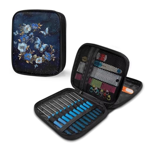 Kathyboom Butterfly and Flower Empty Crochet Hook Case Crochet Hook Organizer with Slots Crochet Needles Bag for Crochet Lovers, Crochet Kit for Beginners-Blue - color: Butterfly And Flower Blue