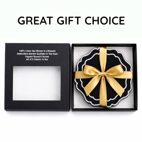 Linen Coasters for Drinks, Set of 6, 6 inch, Black - color: 1255 - Black, size: 6 inches