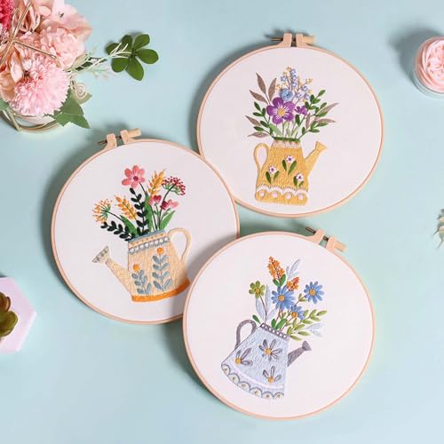 GLTAYLMY 3pcs Embroidery Starter Kit with Vase Pattern, Stamped Cross Stitch Kits for Beginners Adults with Embroidery Hoop and Instructions, Hand Embroidery Kit - color: Floral456