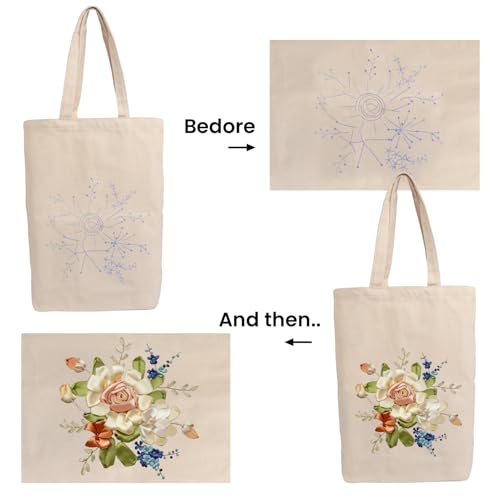 CREAWONDER Canvas Tote Bag Embroidery Kit with Pattern for Beginners, Arts and DIY Embroidery Crafts Kits for Adults, Include Instructions, Embroidery Hoops, Color Threads and Tool - color: CR002 xiaoqingxin06 white