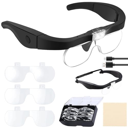 Headband Magnifying Glass, Rechargeable Head Magnifier Glasses with 2 LED Lights, 4 Detachable Lenses (1.5X-2.5X-3.5X-5X) for Reading, Jewelry Crafting, and Precision Work