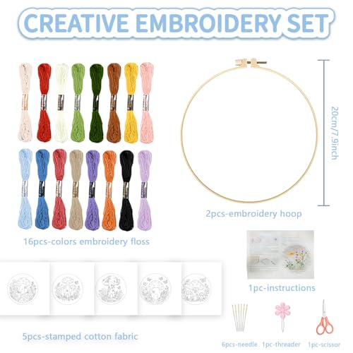 FREEBLOSS 5 Set Embroidery Kit Mushroom Pattern Stamped Embroidery Starter Kit with Step by Step Instructions, Colored Threads, 2 Hoops, Needlepoint Kits for Hand Craft Lovers Gift, 30cm/11.8inch