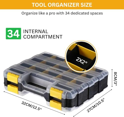 Andalus Tools Organizer Box, Small Parts Storage 34-Compartment Double-Sided Portable Hardware Organizer Removable Plastic Dividers for Screws, Nuts, Bolts, Nails – Yellow (1 Pack, 12.5" x 10.5" x 3") - color: Yellow, size: 1 Pack