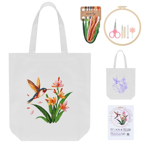 ERKOON Embroidery Canvas Tote Bag for Beginners, Needlepoint Arts Crafts Cross Stitch Kits for Adults Including Stamped Embroidery Bag with Hoops, Needle, Instruction and Color Threads (Hummingbird) - color: Hummingbird