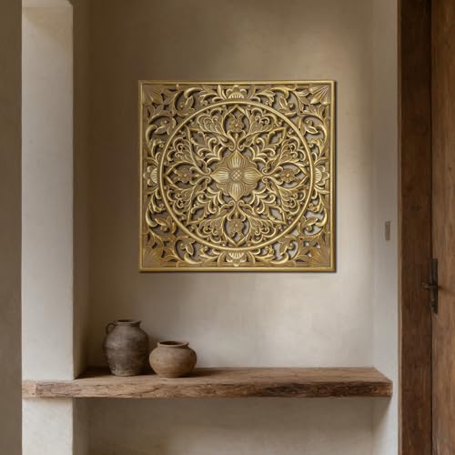 XIAOAIKA Boho Carved Wood Wall Art Panel, Floral Mandala, Distressed Gold - color: Distressed Gold