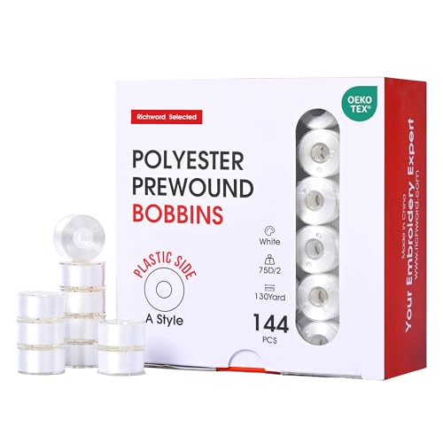 Poolin Prewound Bobbins Richword Selected 144pcs, Size A (Class 15 / SA156), 75D Polyester Bobbin Thread, Plastic Sided, for Single Needle Embroidery & Sewing Machines, White - color: White 75d 144pcs