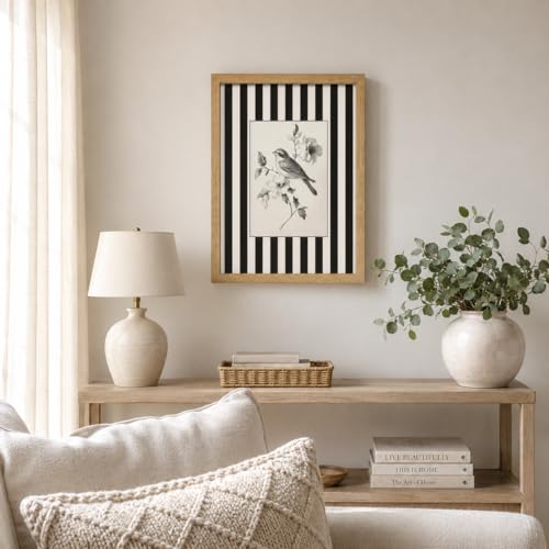 Framed Black and White Striped Flower Bird Sketch Wall Art Bathroom Decor - color: Bird Flower, size: 16"L x 12"W