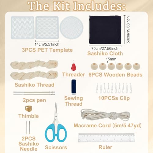 INFUNLY 3pcs Sashiko Drawstring Bag Kit DIY Sashiko Stencil Acrylic Template Kit Sewing Handbag Kits Wave Pattern Needlepoint Sewing Bag Kits with Instruction Cloth Needle Thread for Beginner Adults - style: Black wave pattern