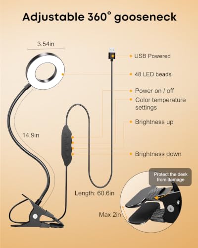 Clip‑On Book Light 5W Desk Lamp, USB Powered Reading Light for Bed - color: Black
