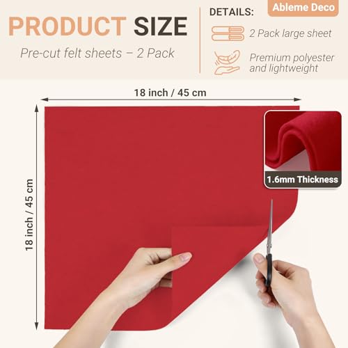 Red Felt Fabric Sheets 18" x 18" (2 Pack) 1.6mm Soft Craft Felt Squares - color: Red