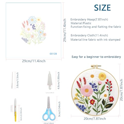Zhenqing 4-Piece Floral Embroidery Kit for Beginners - Complete Set with Sunflower, Daisy Designs & Pre-Printed 29x29cm Cotton Fabric, Hoop, Threads & Tools(C0166) - color: C0166