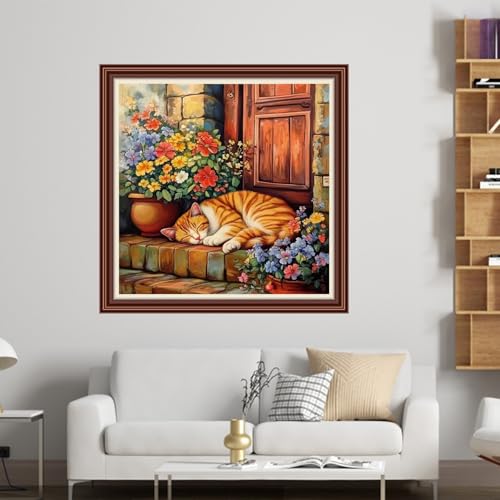Dimensean Counted Cross Stitch Kit for Beginners, 11CT Unprinted Cross-Stitch Kit Easy Patterns Needlepoint Kit Cross Stitching Embroidery Kit Supplies-Sleeping cat in Front of Door 18x18 inch - color: Patterns15