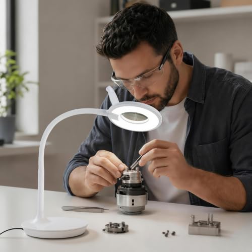 3X+6X Magnifying Glass with Light and Stand, Dimmable LED Magnifying Lamp - color: White